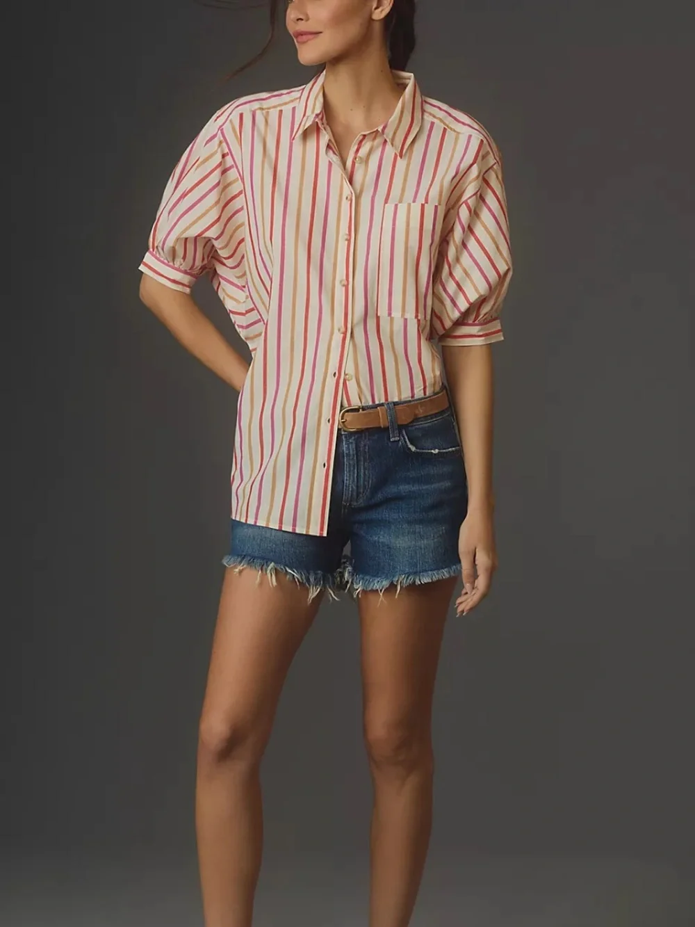 EUC ANTHROPOLOGIE PIlcro Brand Orange|Tan Painter Stripped Poplin Shirt - Picture 2 of 12